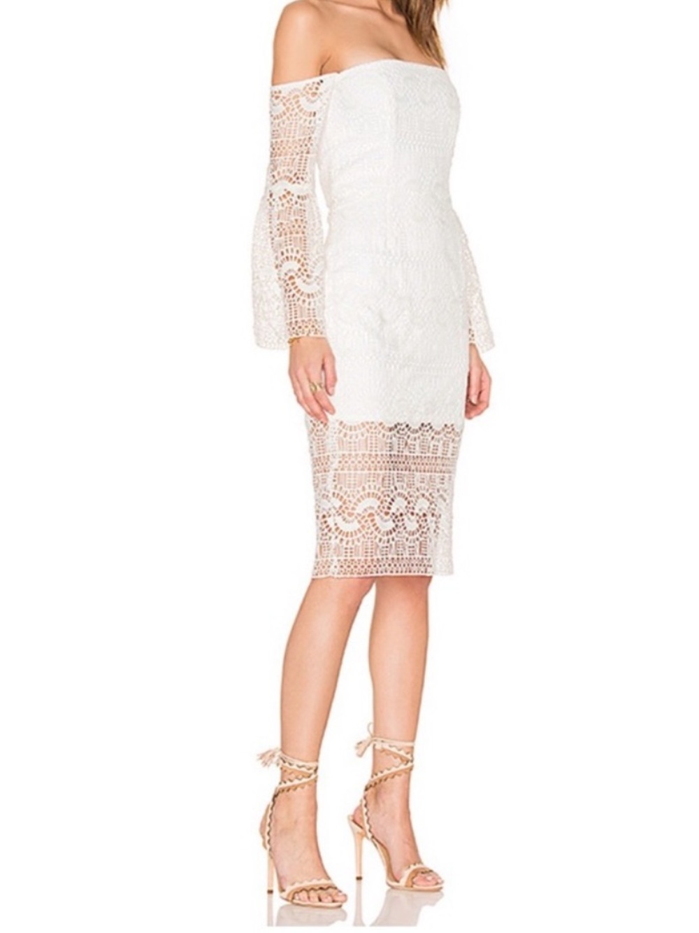 NWT Bardot Geo Lace in Ivory | Off-The-Shoulder Bell Sleeve Midi Dress | US 6/S